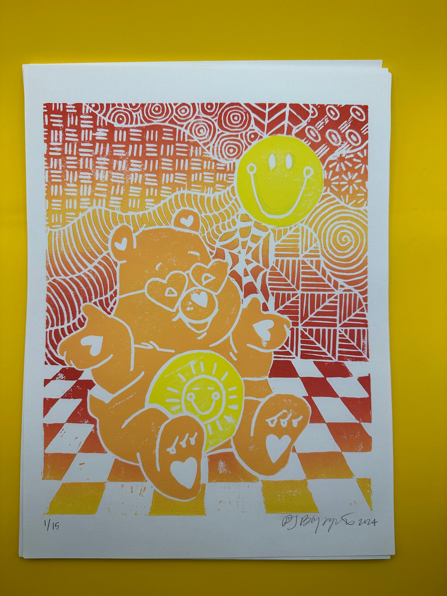 Groovy Funshine Linocut 9x12