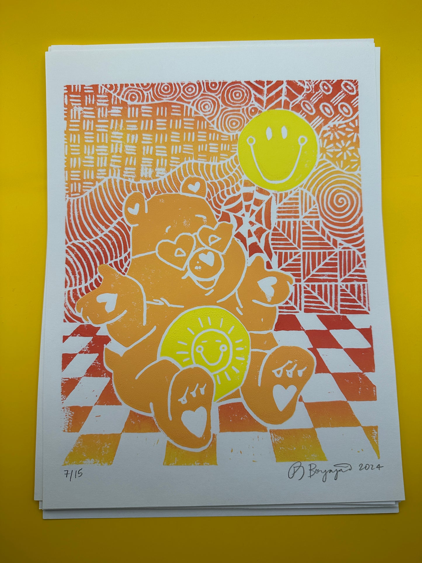 Groovy Funshine Linocut 9x12